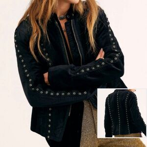 Free People Margot Black Velvet Jacket Lace Inset Grommets Regency Core Zip Up